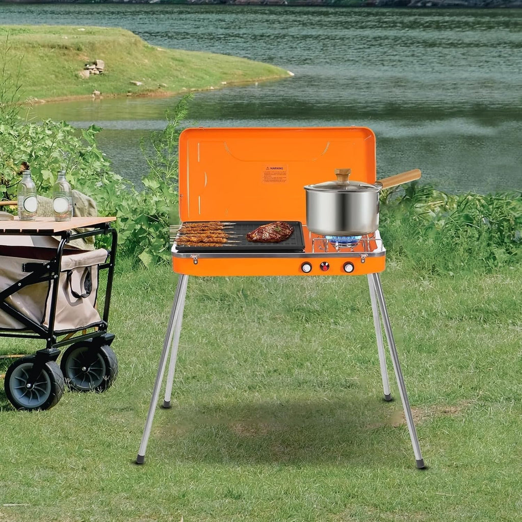Wood Burning Stove Camping Stove, Outdoor 2-In-1 Grill & Stove Gas Camping Griddle Stove with Detachable Legs, Portable Grill Burner Tabletop Grill Cooker for Camping BBQ Picnic Hiking Tailgating Gril