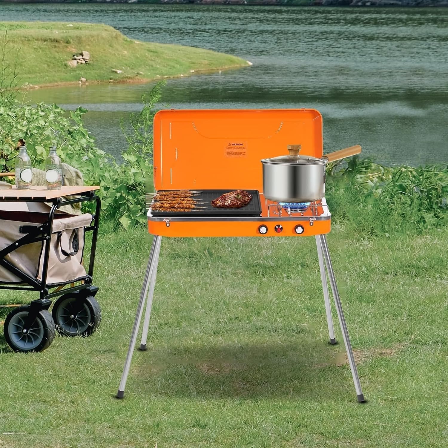 Wood Burning Stove Camping Stove, Outdoor 2-In-1 Grill & Stove Gas Camping Griddle Stove with Detachable Legs, Portable Grill Burner Tabletop Grill Cooker for Camping BBQ Picnic Hiking Tailgating Gril