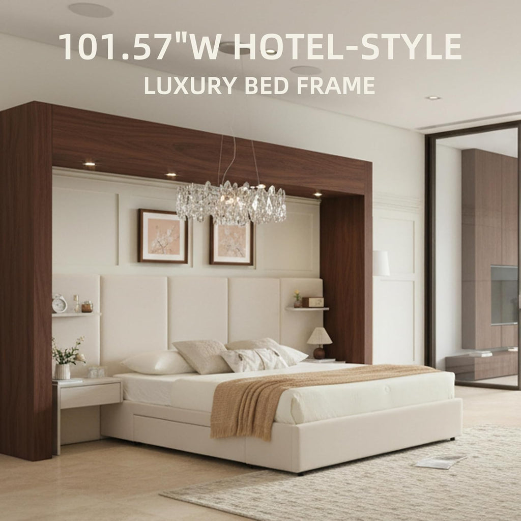 Queen Bed Frame with Storage & Built-in Nightstands, Velvet Upholstered Platform Bed Frame with Drawers & 2 Floating Storage Shelves, Noise-Free, No Box Spring Needed, Easy Assembly, Beige