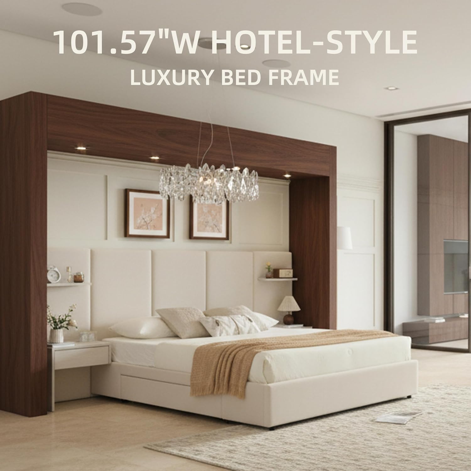 Queen Bed Frame with Storage & Built-in Nightstands, Velvet Upholstered Platform Bed Frame with Drawers & 2 Floating Storage Shelves, Noise-Free, No Box Spring Needed, Easy Assembly, Beige