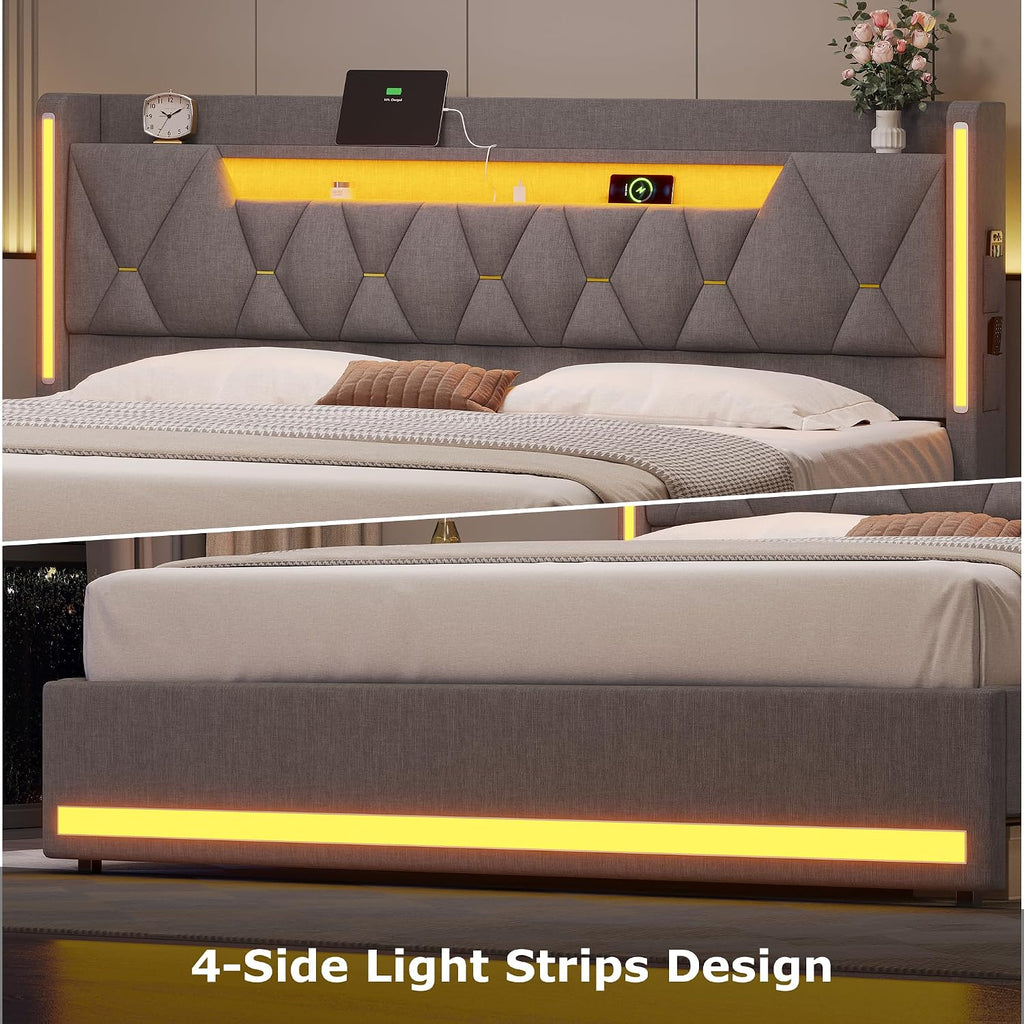busyaeh California King Bed Frame with Marshmallow Headboard and Storage, Cal King Bed Frame with LED Lights & Charging Station, Upholstered Platform Bed with Metal Support, No Noise, Gray