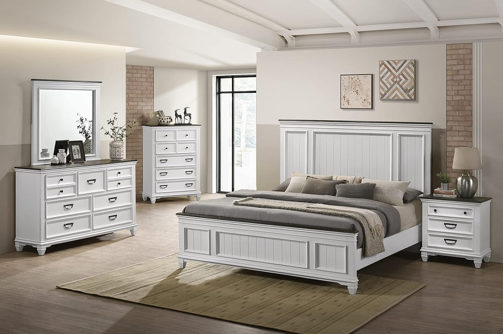 Clelane Wood Bedroom Set with Shiplap Panel King Bed, Dresser, Mirror, Nightstand, and Chest in Weathered White and Dark Gray