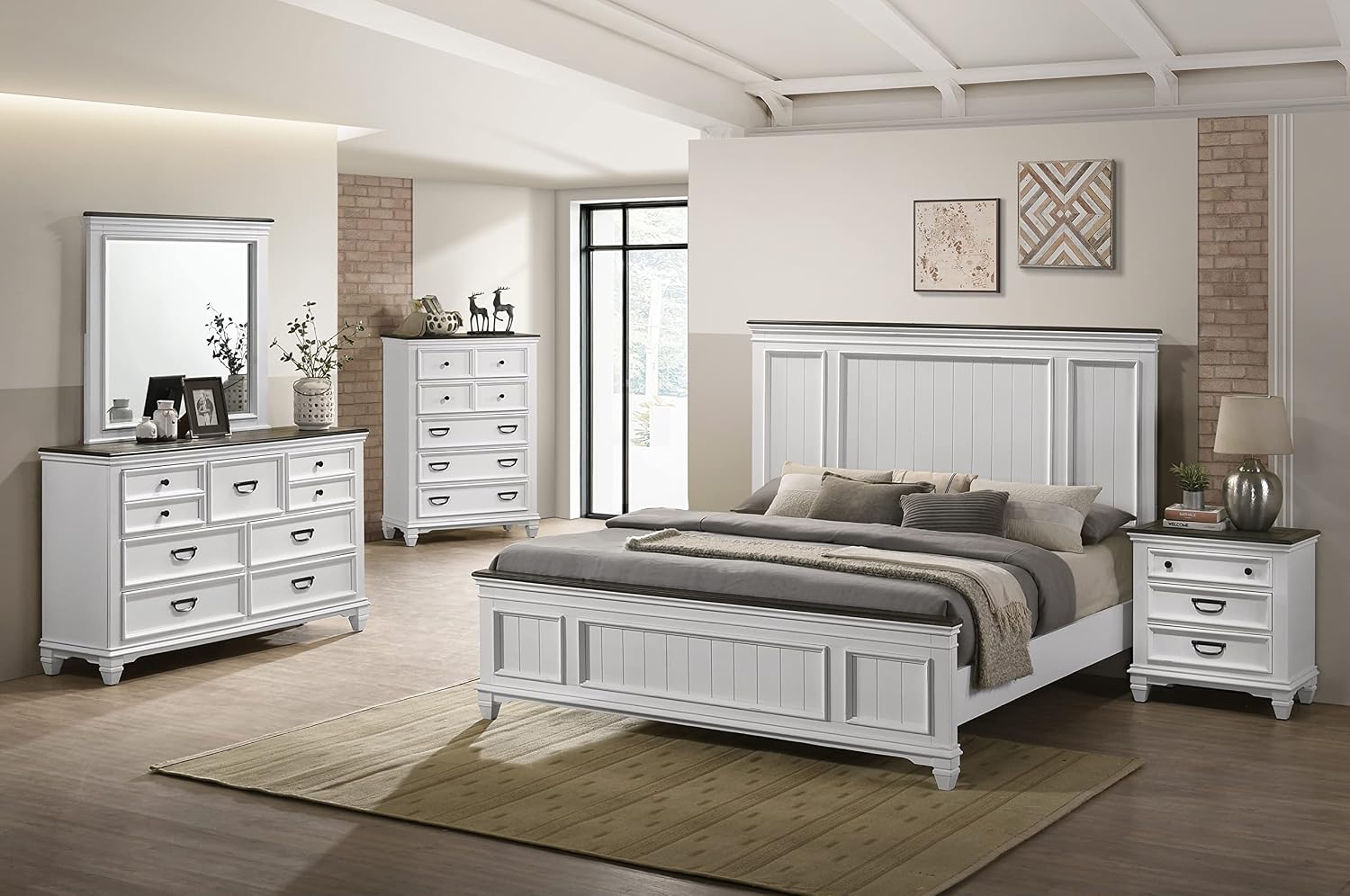 Clelane Wood Bedroom Set with Shiplap Panel King Bed, Dresser, Mirror, Nightstand, and Chest in Weathered White and Dark Gray