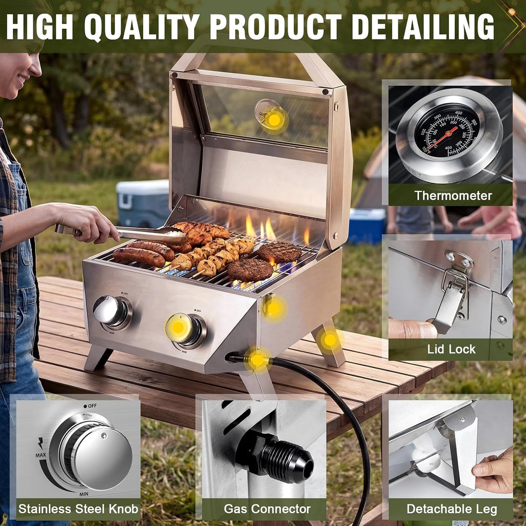 Bestfire 2-Burner Tabletop Gas Grill with Viewing Glass Lid, 20,000 BTU Stainless Steel Portable Propane BBQ Grill, Built-in Thermometer & Push-Button Ignition, for Outdoor Camping, RV, Tailgating