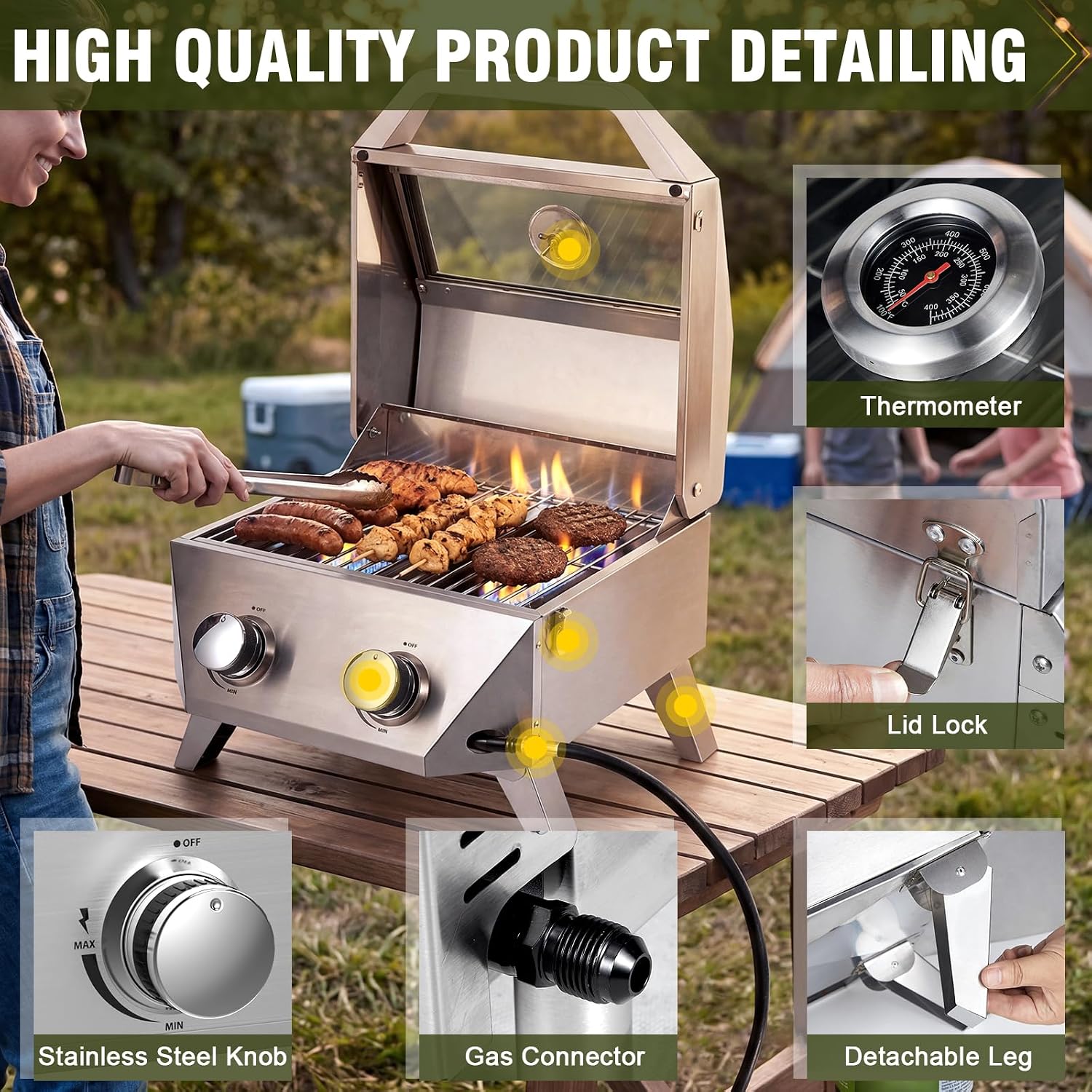Bestfire 2-Burner Tabletop Gas Grill with Viewing Glass Lid, 20,000 BTU Stainless Steel Portable Propane BBQ Grill, Built-in Thermometer & Push-Button Ignition, for Outdoor Camping, RV, Tailgating