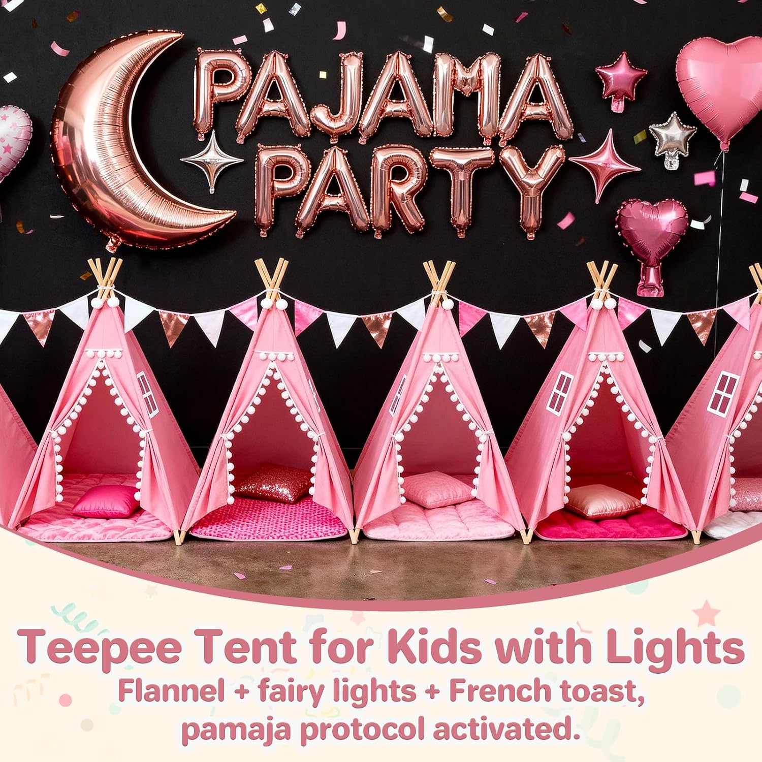 8 Pack Teepee Tent for Kids with Lights, Cotton Indoor Play Teepee with Pompom for Girls & Boys, Sleepover Tents for Boho Slumber Spa Party