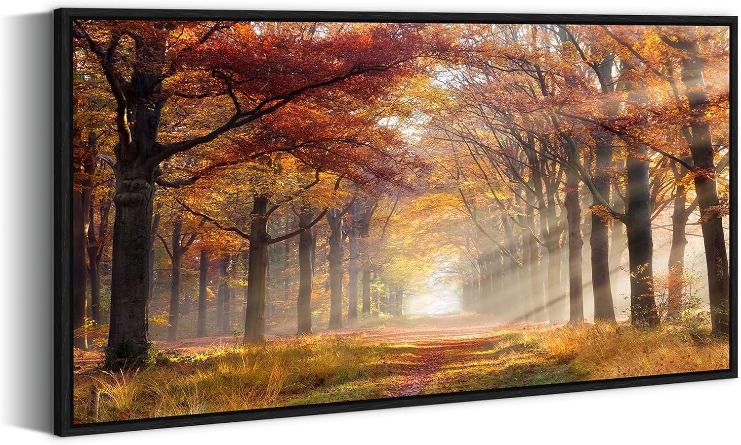 Sunset Forest Framed Wall Art - Yellow Landscape Canvas Picture Woodland Painting Nature Tree Scenery Artwork Prints for Bedroom Living Room