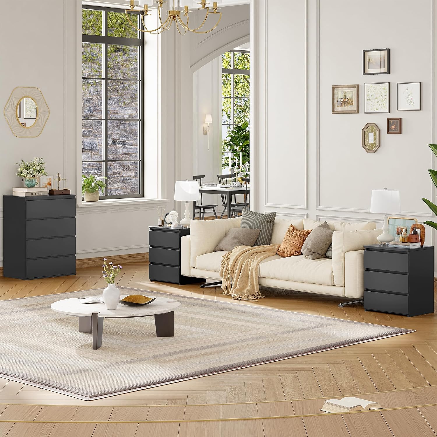 FOTOSOK Bedroom Set, White Dresser and Nightstand Sets for Bedroom, 3 Piece Bedroom Set, Night Stand Set of 2 & 4 Drawer Dresser Set, Chest of Drawers Storage Cabinet Set, Black