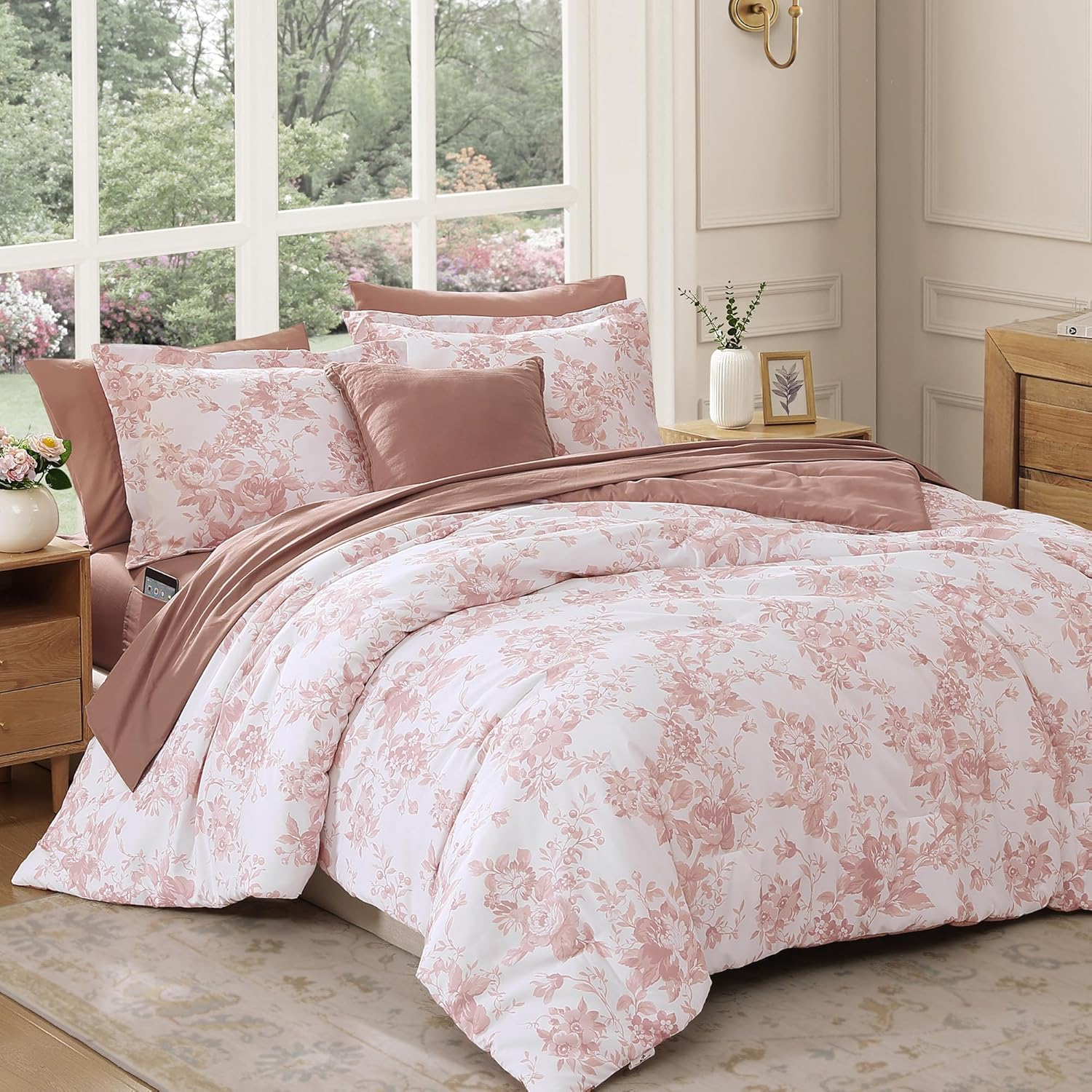 BLOOMHAVEN Oversized King Comforter Set -7 Pieces Floral Rose Bedding Set for All Seasons, Bed in a Bag with Botanical Flowers Comforter, Sheets, Pillowcases & Shams