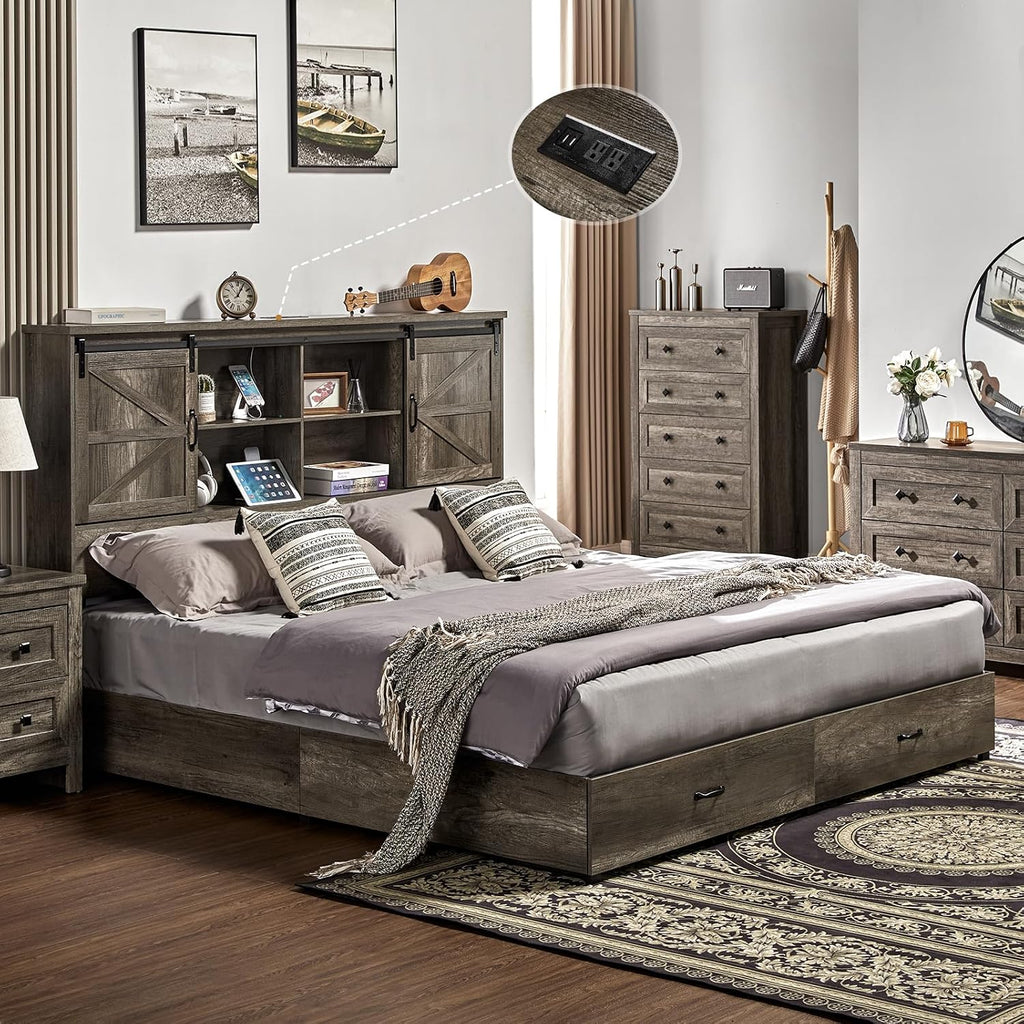 VanAcc King Size Bed Frame, Wooden Platform Storage Bed with 51.2' Bookcase Headboard, 2 Drawers, Charging Station/No Box Spring Needed/Noise Free, Rustic Grey