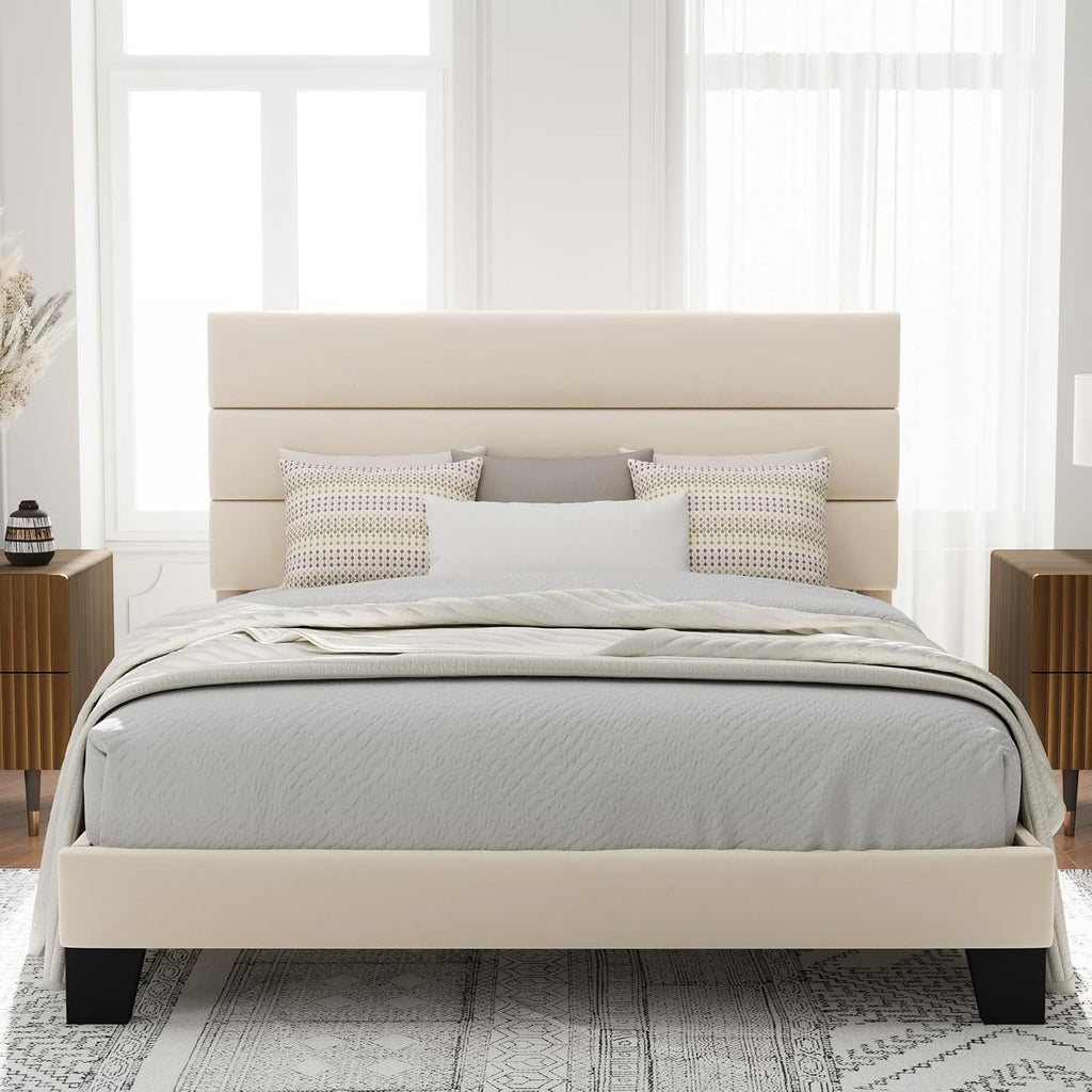 Allewie Queen Size Platform Bed Frame with Velvet Upholstered Headboard and Wooden Slats Support, Fully Upholstered Mattress Foundation/No Box Spring Needed/Easy Assembly, Cream