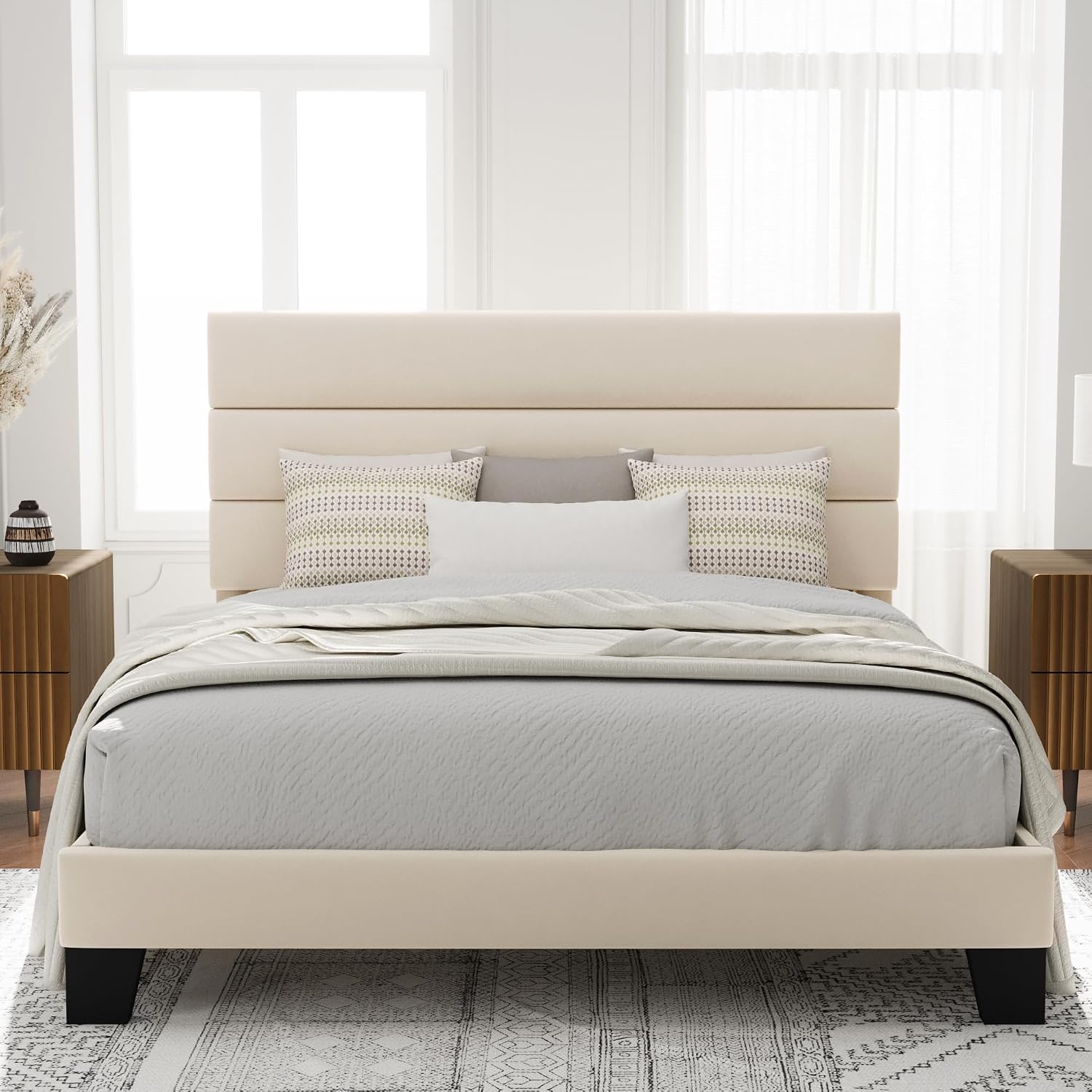 Allewie Queen Size Platform Bed Frame with Velvet Upholstered Headboard and Wooden Slats Support, Fully Upholstered Mattress Foundation/No Box Spring Needed/Easy Assembly, Cream