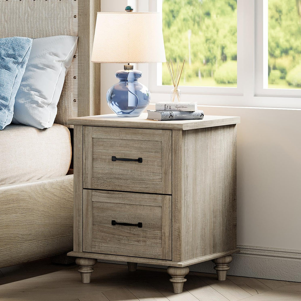 WAMPAT Nightstands with Charging Station Set of 2, 20 Inch Bedside Table with 2 Drawers, Farmhouse Night Stand Wood End Tables with Solid Wood Legs for Bedroom, Grey
