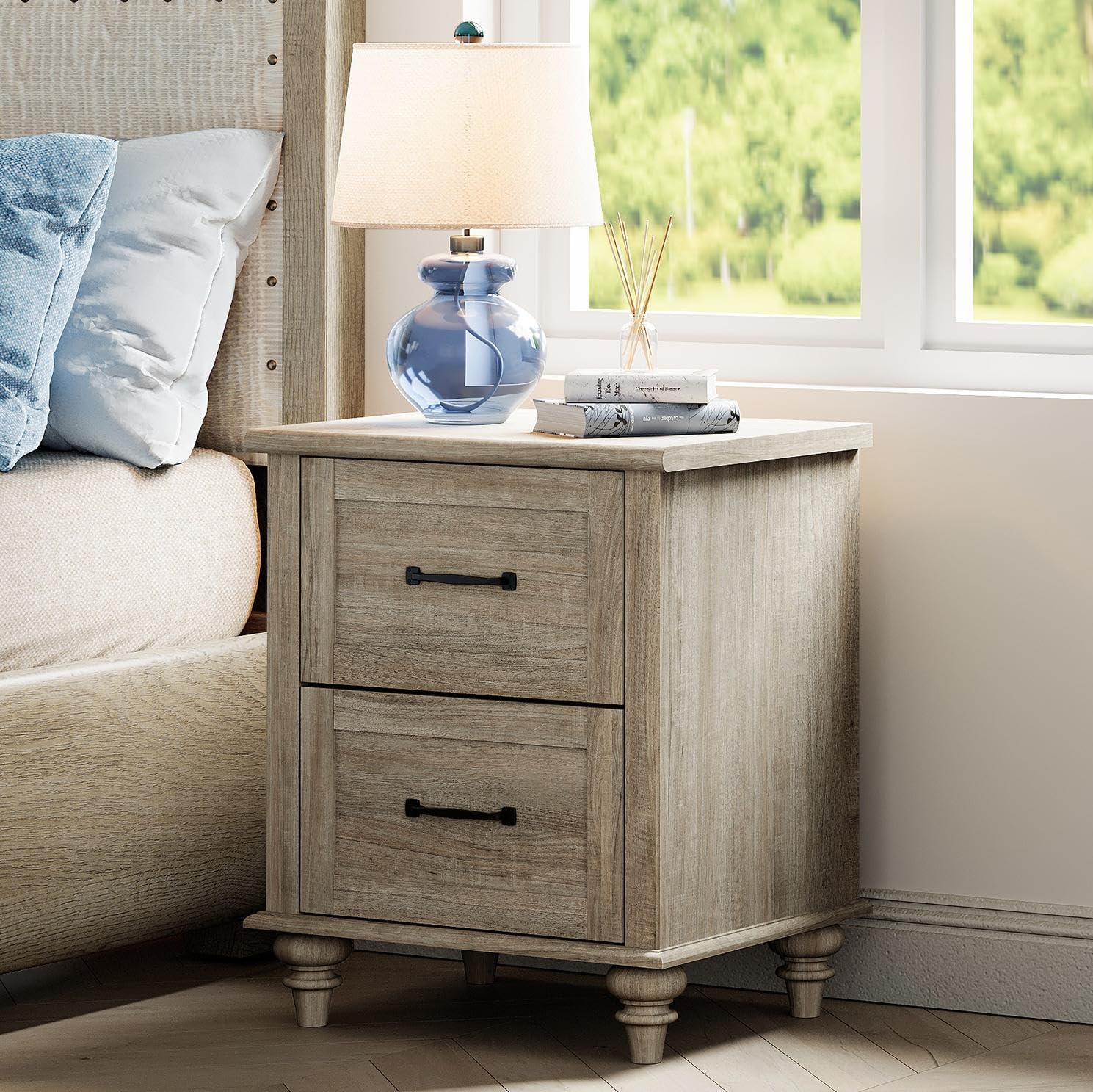 WAMPAT Nightstands with Charging Station Set of 2, 20 Inch Bedside Table with 2 Drawers, Farmhouse Night Stand Wood End Tables with Solid Wood Legs for Bedroom, Grey