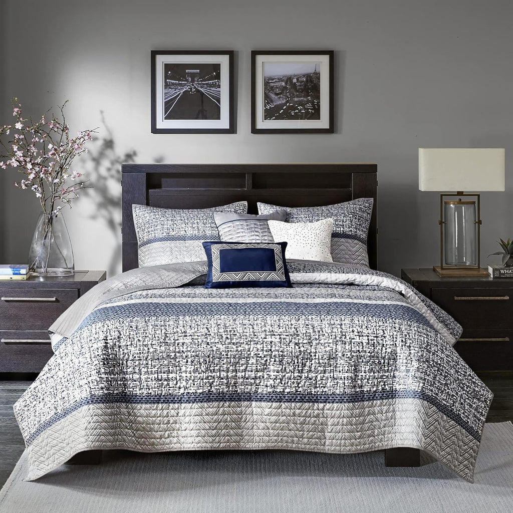 Madison Park King Quilt Set - Lustrous Jacquard & Glitter Accent Coverlet Set for King Size Bed - All Season, Lightweight, Shams, Decorative Pillow, Chevron Grey/Navy