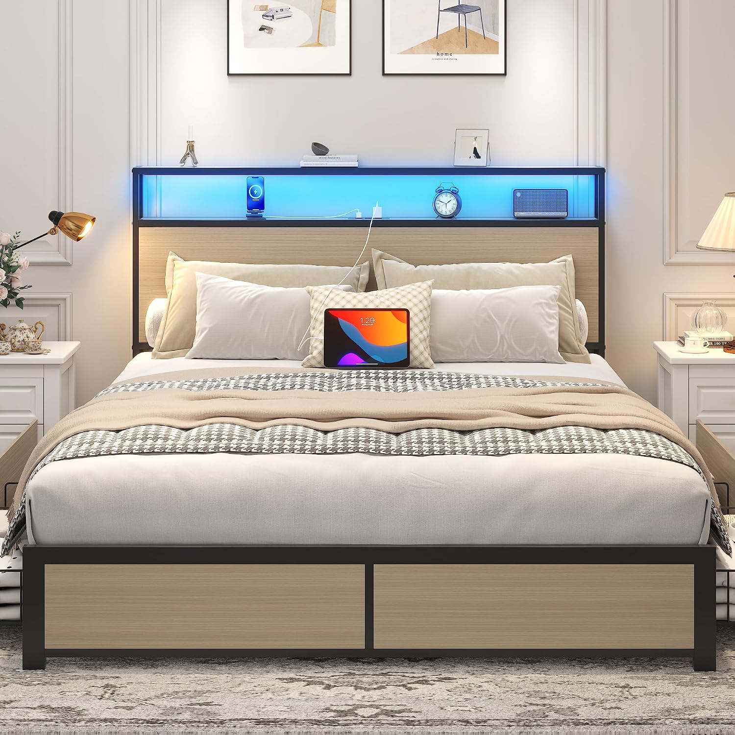 Lifezone Queen Bed Frame with 2-Tier Storage Headboard, Metal Platform Bed Frame with 4 Storage Drawers, Built in Charging Station & LED, Noise-Free/Metal Support/No Box Spring Needed, Beige