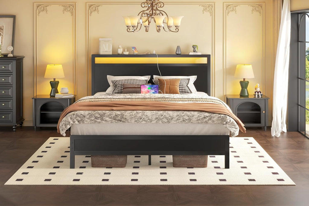 Fluest Full Bed Frame with Headboard & Footboard, Full Bed Frame with Built-in Charging Station & LED Light, Storage Shelf, Noise-Free, No Box Spring Needed, Easy Assembly, Classic Black