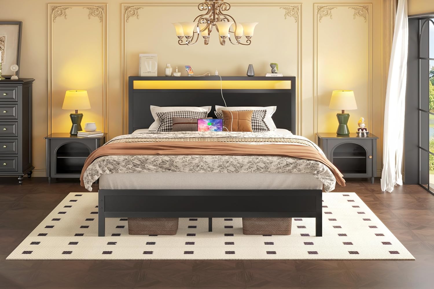 Fluest Full Bed Frame with Headboard & Footboard, Full Bed Frame with Built-in Charging Station & LED Light, Storage Shelf, Noise-Free, No Box Spring Needed, Easy Assembly, Classic Black