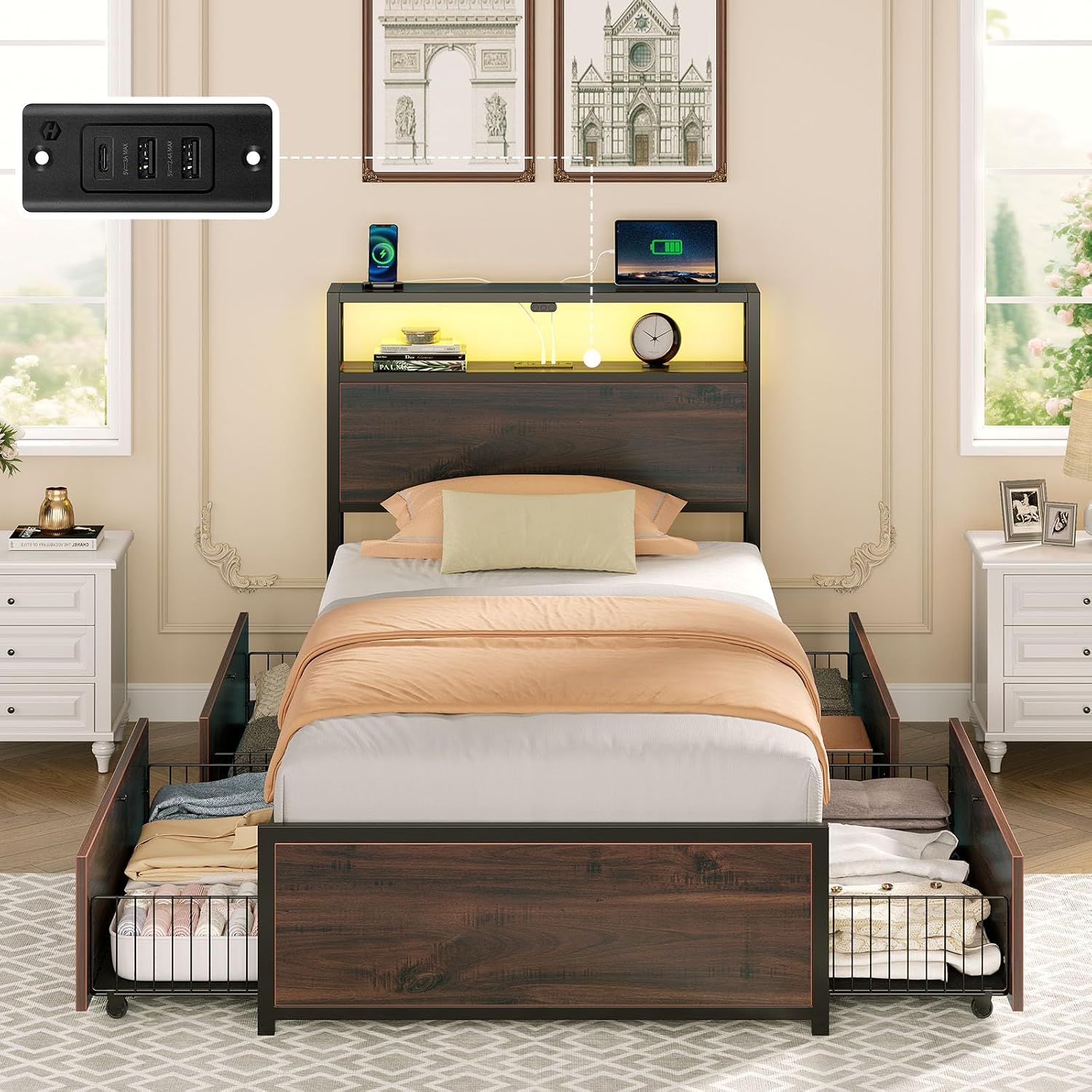Rolanstar Twin Bed Frame with 4 Storage Drawers & 2-Tier Storage Headboard, Metal Platform Bed Frame with Charging Station & LED Lights, Noise-Free, No Box Spring Needed, Easy Assembly, Espresso
