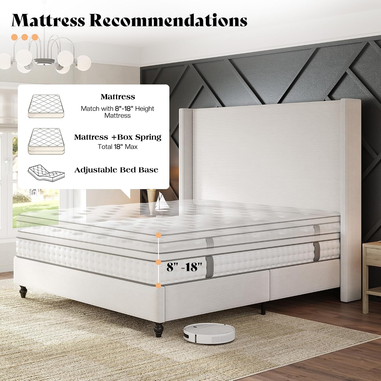 AMERLIFE King Size Bed Frame with 65' Tall Headboard, Upholstered Corduroy Bed Frame with Wingback, Platform Bed with Solid Wood Gourd Legs, Solid Slats, No Box Spring Needed, White