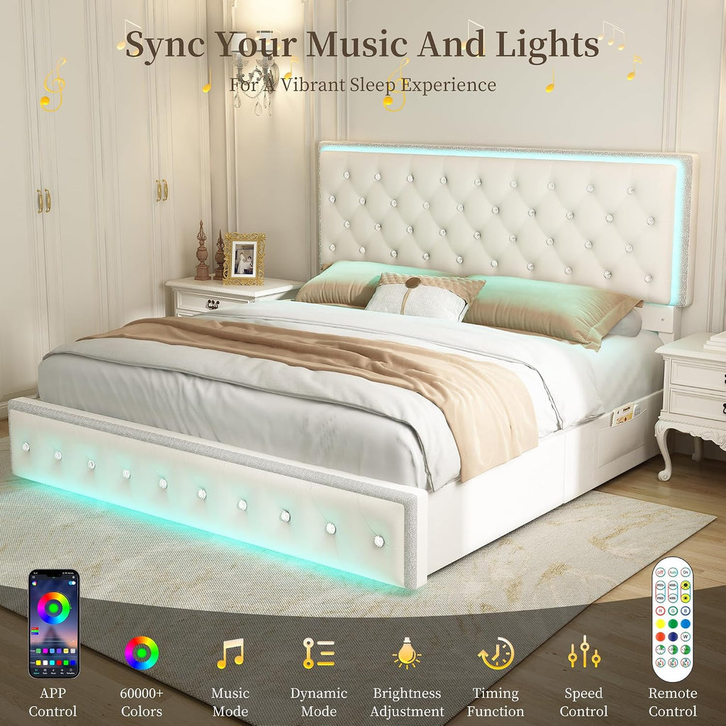 SIBEDS Queen LED Bed Frame with 2 Drawers, Storage Platform Beds with Upholstered Crystal Button Tufted Headboard Footboard, 2 Side Pockets, No Box Spring Needed, Velvet Cream