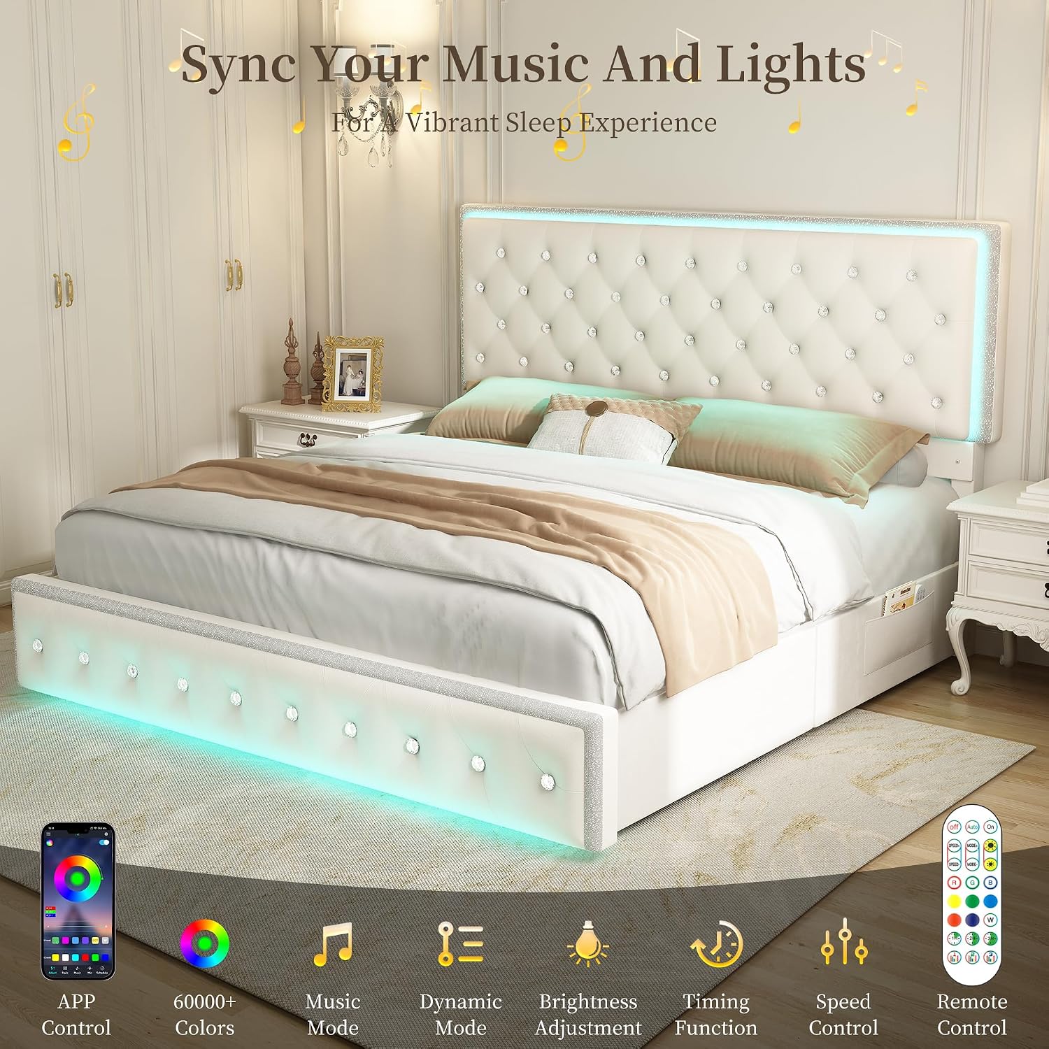 SIBEDS Queen LED Bed Frame with 2 Drawers, Storage Platform Beds with Upholstered Crystal Button Tufted Headboard Footboard, 2 Side Pockets, No Box Spring Needed, Velvet Cream