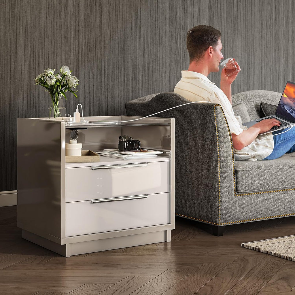 AMERLIFE 23.6' Nightstand, High Gloss End Table with Glass Tabletop, Modern Bedside Table with Charging Station, 2 Drawers Nightstand for Bedroom, Cream & Gray