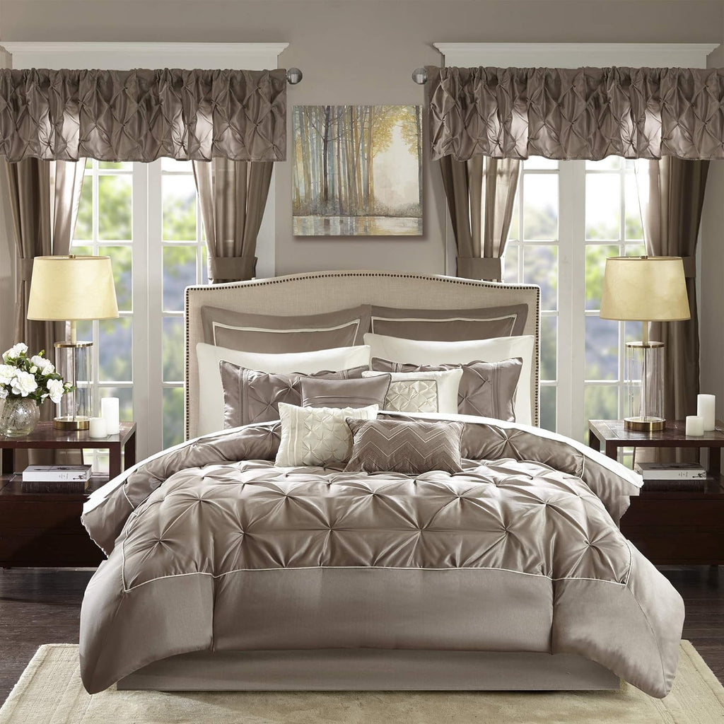 Madison Park Essentials Room in a Bag Faux Silk Comforter Set - Luxe Diamond Tufting All Season Bedding, Matching Curtains, Decorative Pillows, Taupe Queen(90'x90') 24 Piece