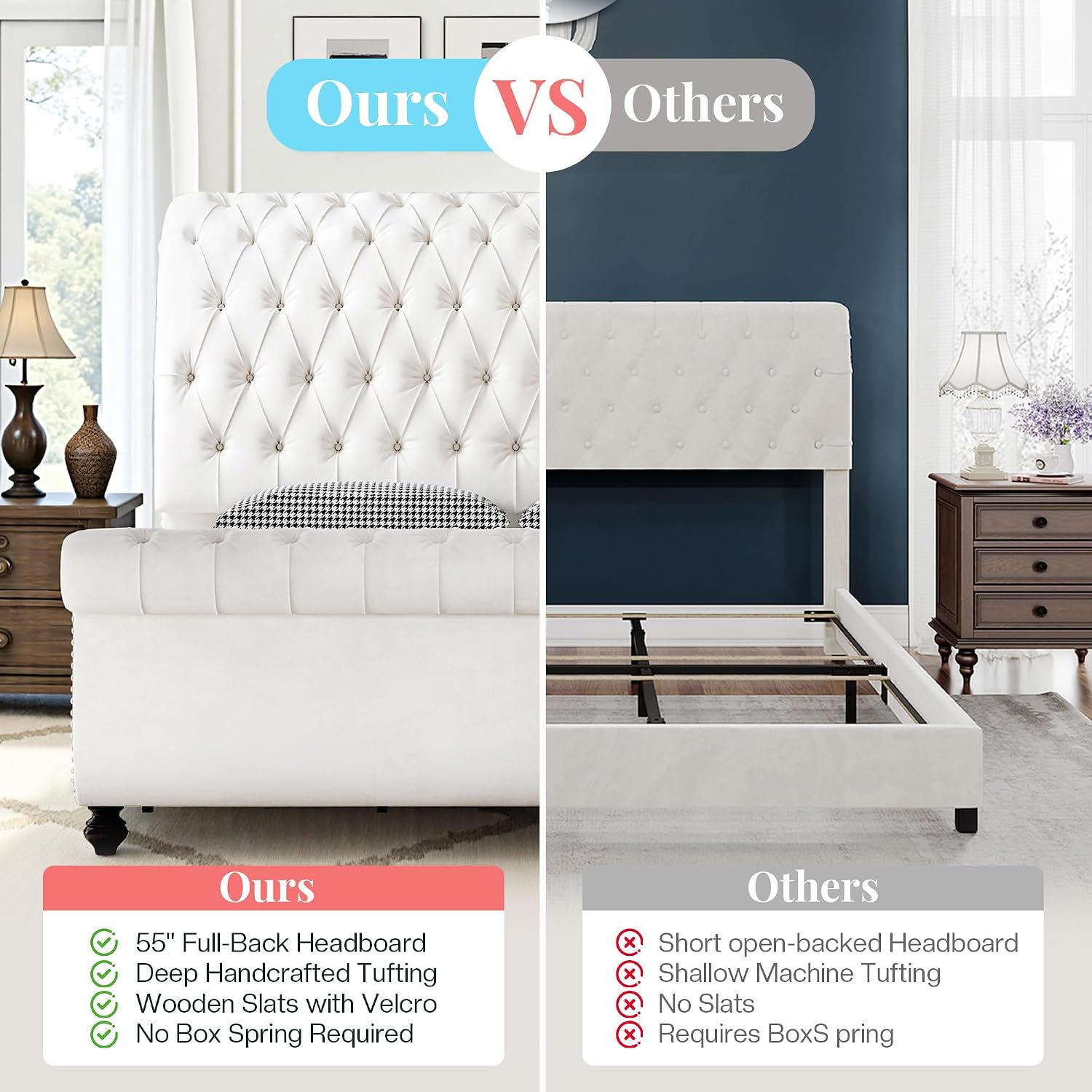AMERLIFE 55' Tall Sleigh Bed Frame with Scroll Headboard & Footboard, Velvet Upholstered Platform Bed with Deep Button Tufted, Solid Wood Legs, No Box Spring Needed, White, King