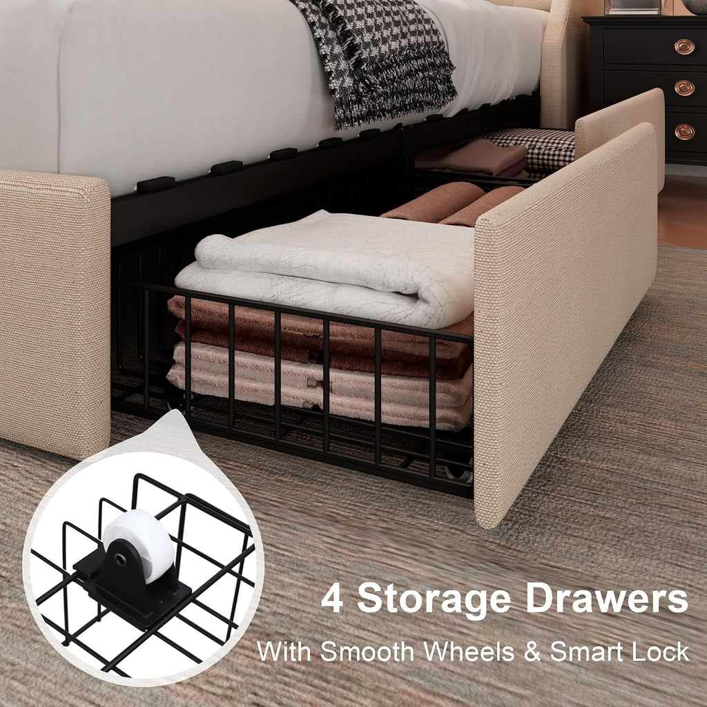 Feonase King Size Bed Frame with 4 Storage Drawers, Upholstered Storage Bed with Charging Station, Tufted Wingback Headboard, No Box Spring Needed, Beige