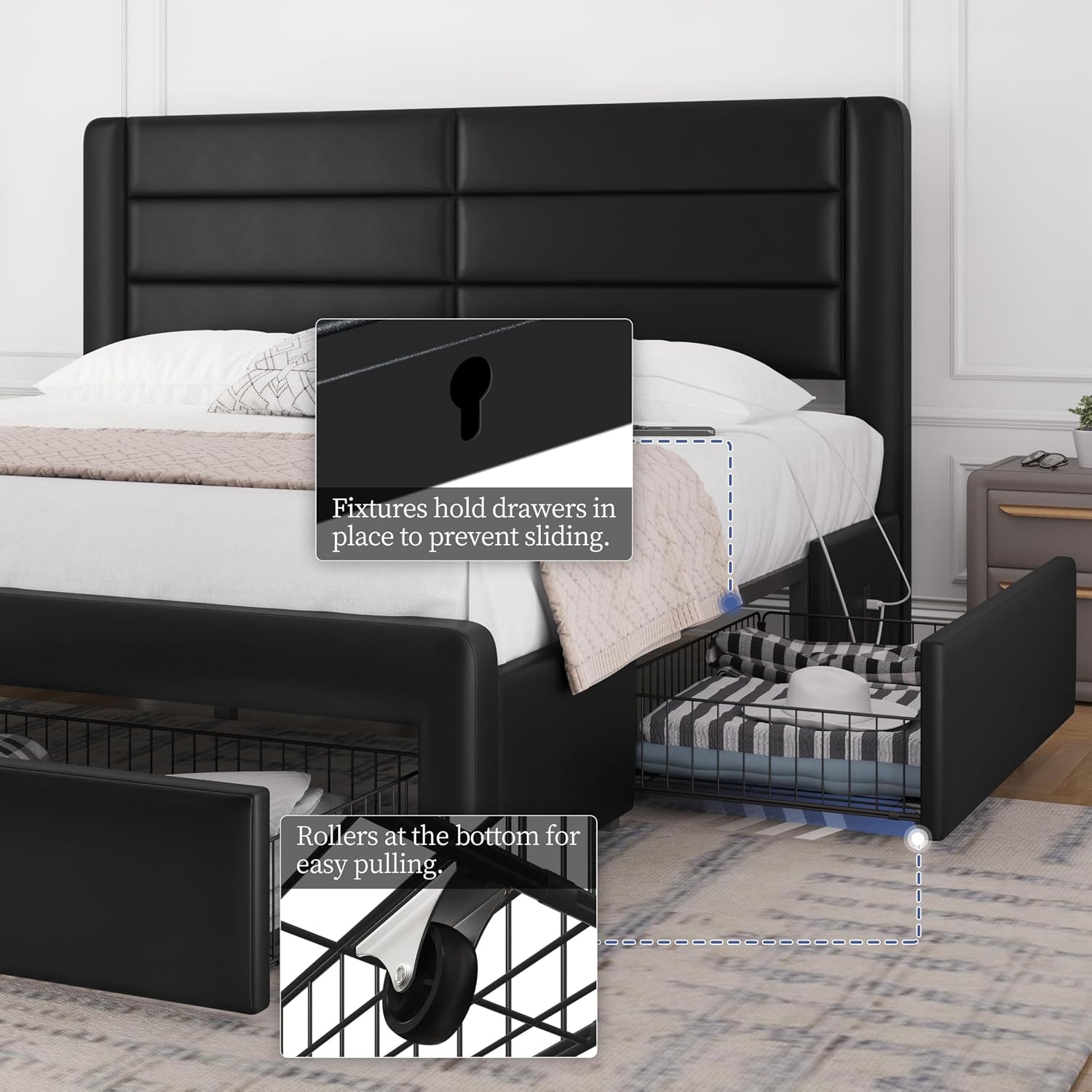 Yaheetech King Size Bed Frame with 2 USB Charging Station/Port for Type A&Type C/4 Storage Drawers, Leather Upholstered Platform Bed with Headboard/Solid Wood Slat Support/No Box Spring Needed/Black