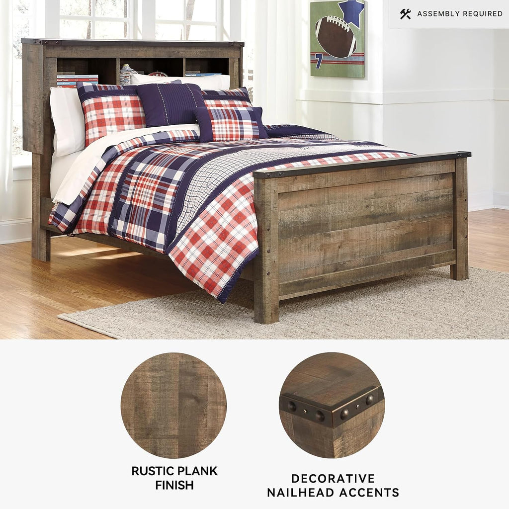 Signature Design by Ashley Trinell Country Rustic Bookcase Panel Bed with Nailhead Accents, Foundation or Box Spring Needed, Full, Dark Brown