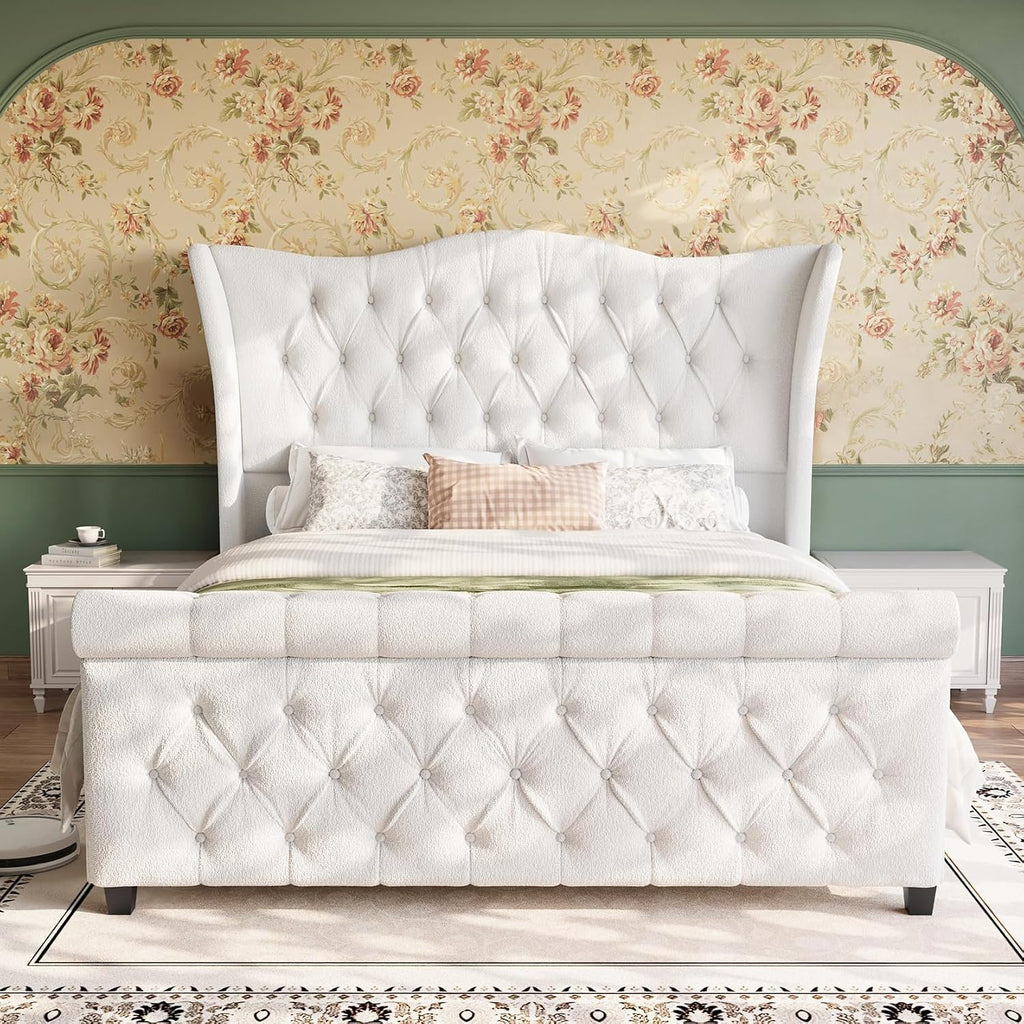 koorlian Queen Bed Frame,Chenille Upholstered Sleigh Bed with Scroll Wingback Headboard & Footboard,Luxury & Soft Button Tufted Queen Size Modern Bed,Easy Assembly,No Box Spring Needed