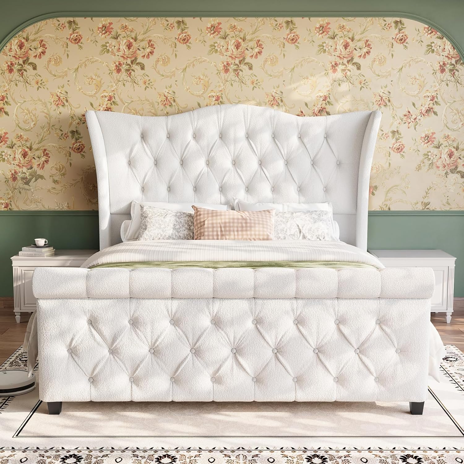 koorlian Queen Bed Frame,Chenille Upholstered Sleigh Bed with Scroll Wingback Headboard & Footboard,Luxury & Soft Button Tufted Queen Size Modern Bed,Easy Assembly,No Box Spring Needed