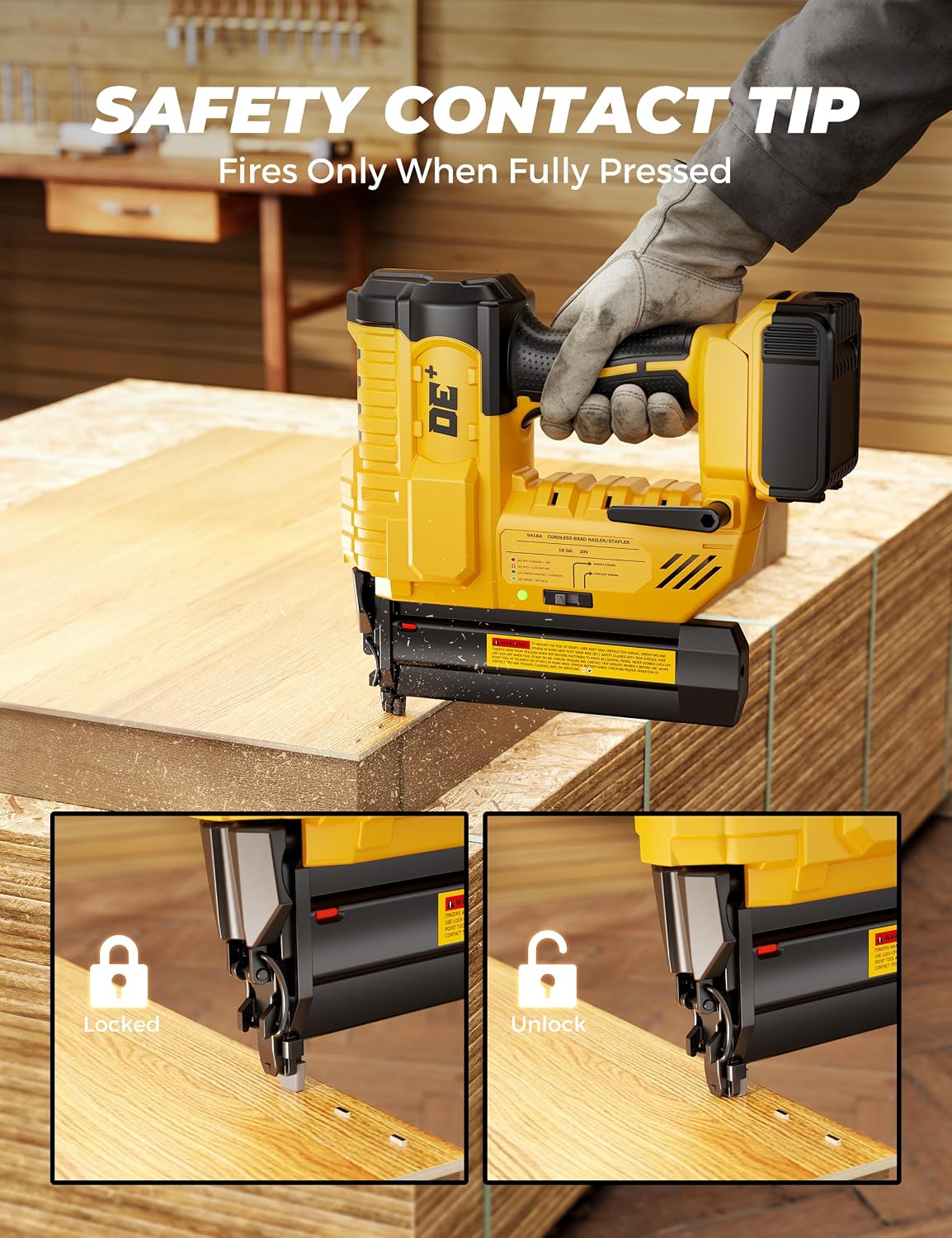 DeForce 18GA Cordless Brad Nailer, 2' Nail Gun for Dewalt 20V Max Battery, 2 IN 1 Electric Stapler, 2026 Upgraded Tool-Free Jam Release, 2 Modes, Adjustable Depth, 1000pcs Nails(No Battery), Yellow