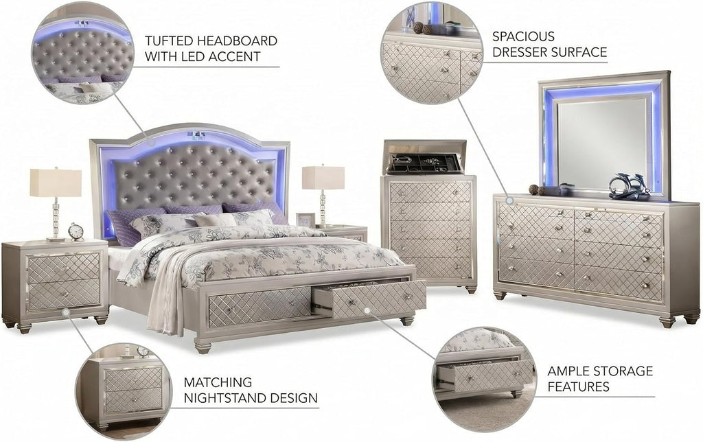 First of a Kind Shiney Contemporary 5 Piece Queen Bedroom Set High Gloss Silver Finish with Upholstered Headboard, Sleek Modern Bedroom Furniture Set for Coordinated Interiors