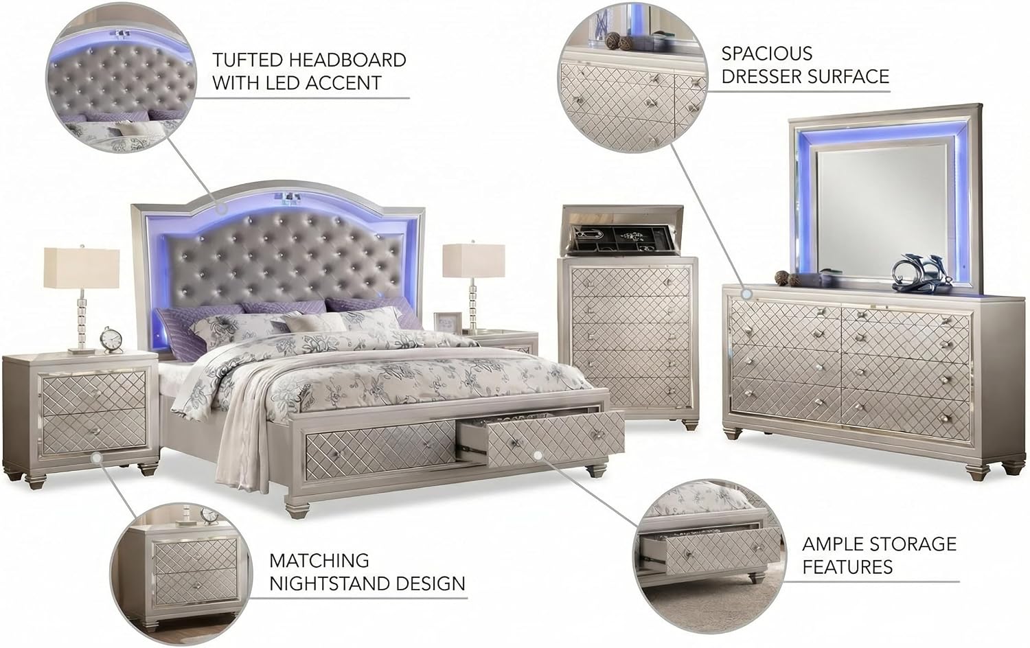 First of a Kind Shiney Contemporary 5 Piece Queen Bedroom Set High Gloss Silver Finish with Upholstered Headboard, Sleek Modern Bedroom Furniture Set for Coordinated Interiors