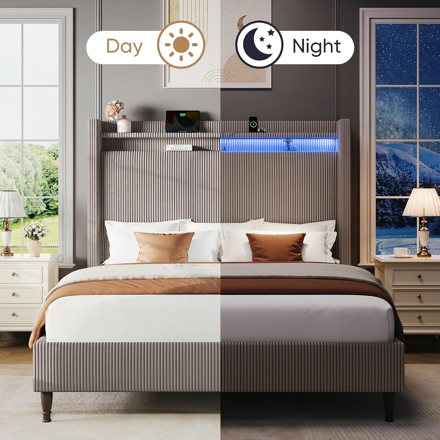 Queen Bed Frame with Tall Headboard, 55.3' Upholstered Platform Bed with LED Lights & Charging Station, Elegant Corduroy Bedframe, 2-tier Storage Wingback Headboard, No Box Spring Needed, Gray Brown