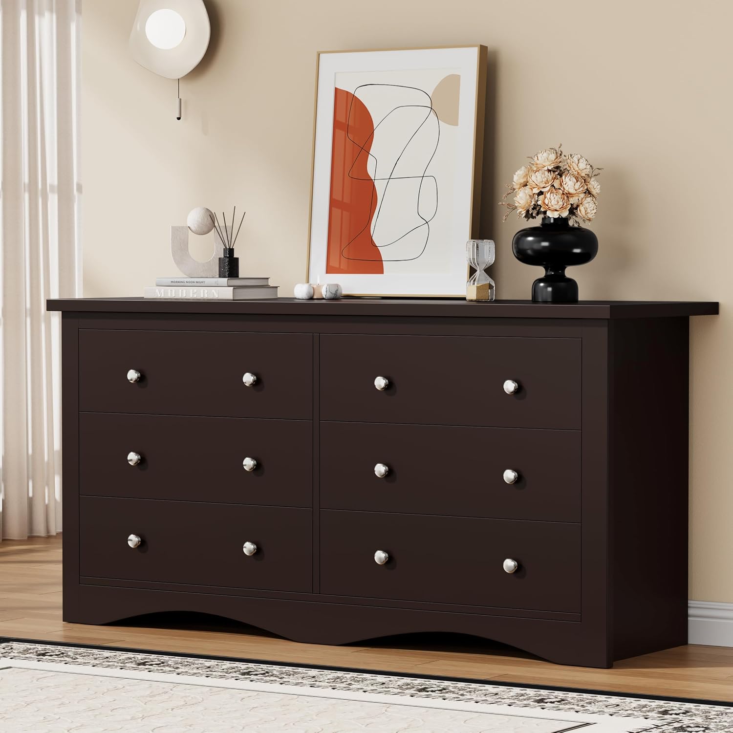 YESHOMY Dresser for Bedroom with 6 Drawers, Modern Chest of Drawers, Wooden Dressers, TV Stand for Living Room,Closet, Hallway (Brown)