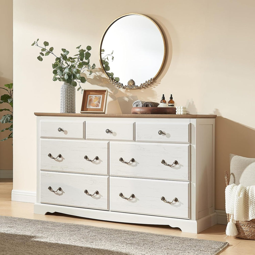 AMERLIFE Farmhouse 4 Pieces Bedroom Sets Includes 7 Drawers Dresser, 6 Dressers Organizer, Two Nightstands with Charging Station, White
