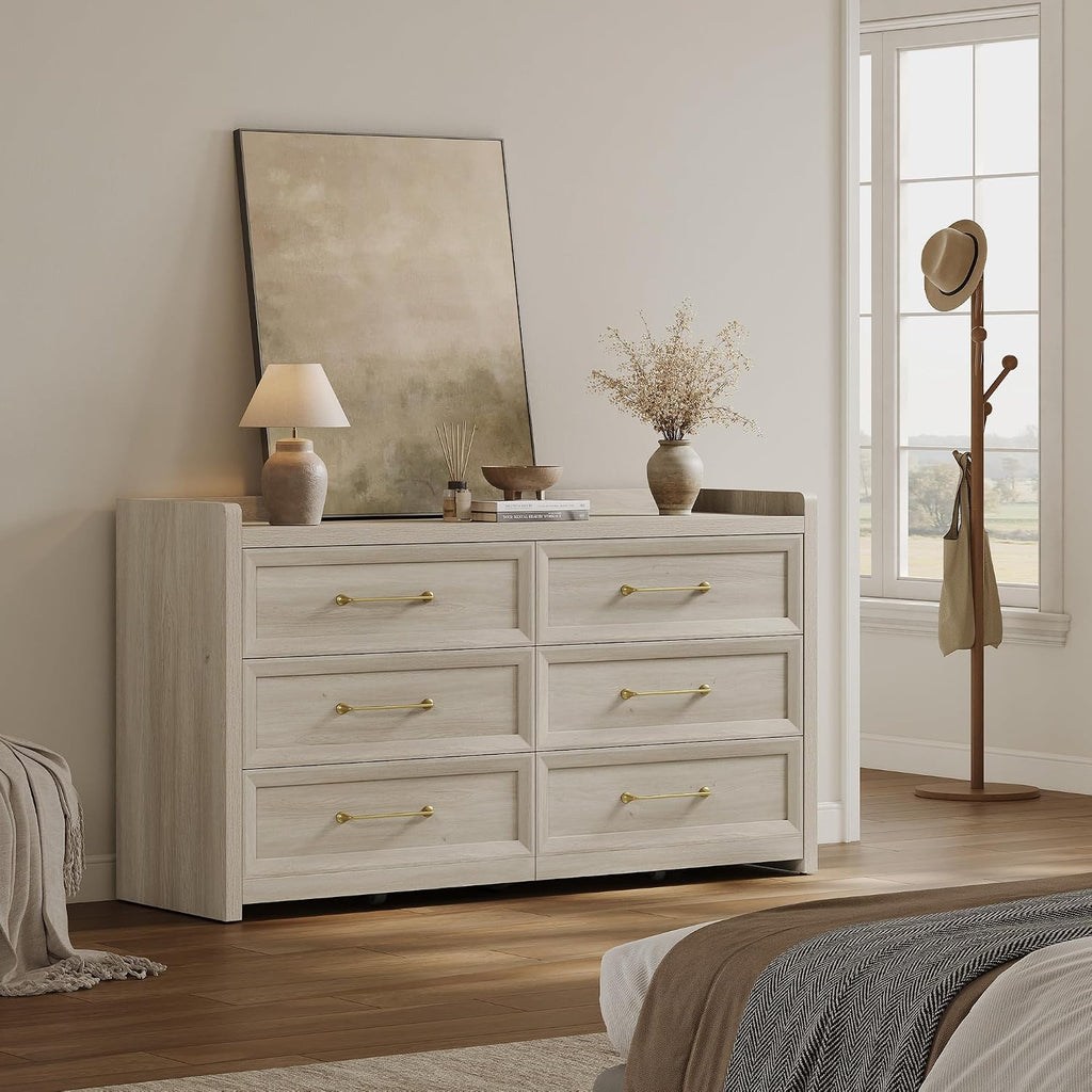 SICOTAS 6 Drawer Dresser for Bedroom-112.8' Extra-Wide Wooden Chest of Drawers with Large Storage, Long Dresser TV Stand with Drawers, Farmhouse Closet Dressers for Nursery, Grey White Oak, 2PCS