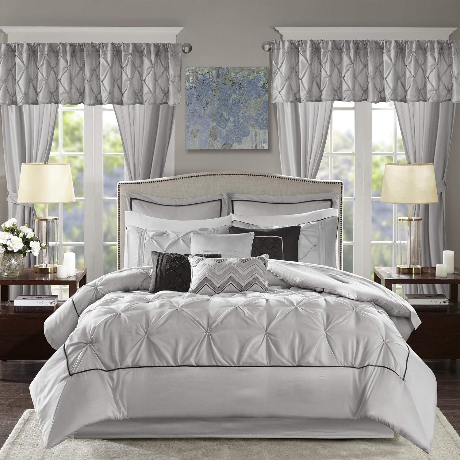 Madison Park Essentials Room in a Bag Faux Silk Comforter Set - Luxe Diamond Tufting All Season Bedding, Matching Curtains, Decorative Pillows, Grey Queen(90'x90') 24 Piece