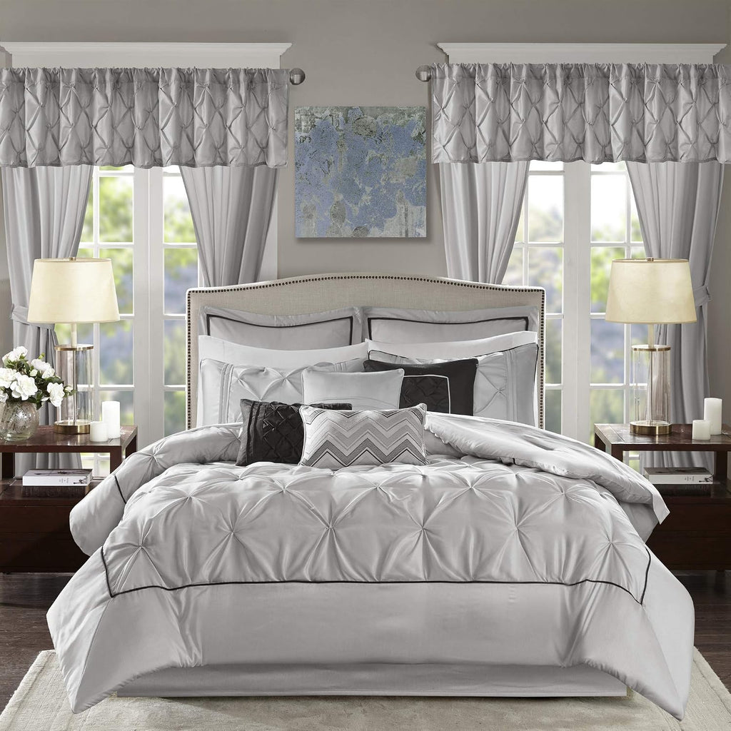 Madison Park Essentials Room in a Bag Faux Silk Comforter Set - Luxe Diamond Tufting All Season Bedding, Matching Curtains, Decorative Pillows, Grey Cal King(104'x92') 24 Piece