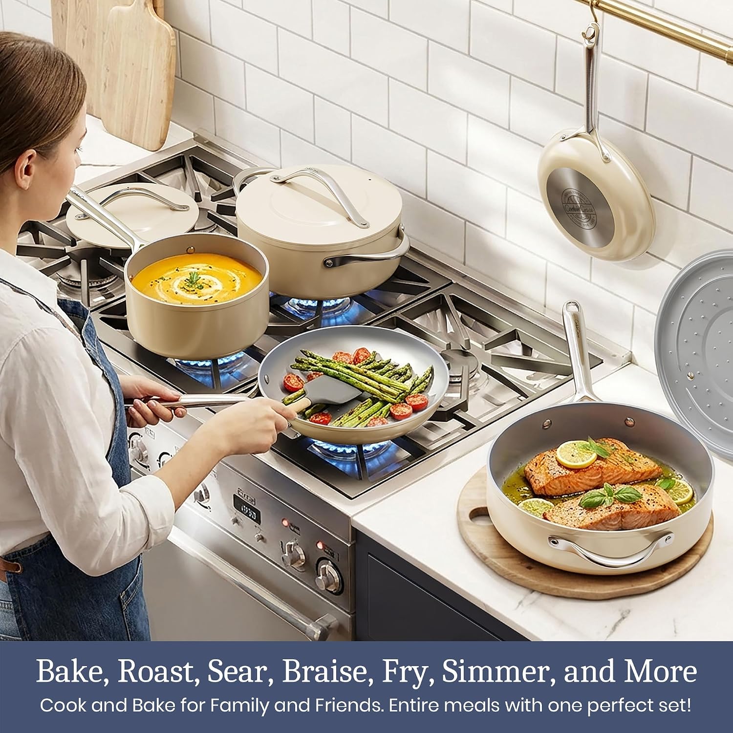 CookinCraze Ceramic Cookware Set, Pots and Pans Set Nonstick with Lid PFAS & PFOA Free, Induction Compatible Oven Safe Up to 500°F Even Heat Distribution, Cream