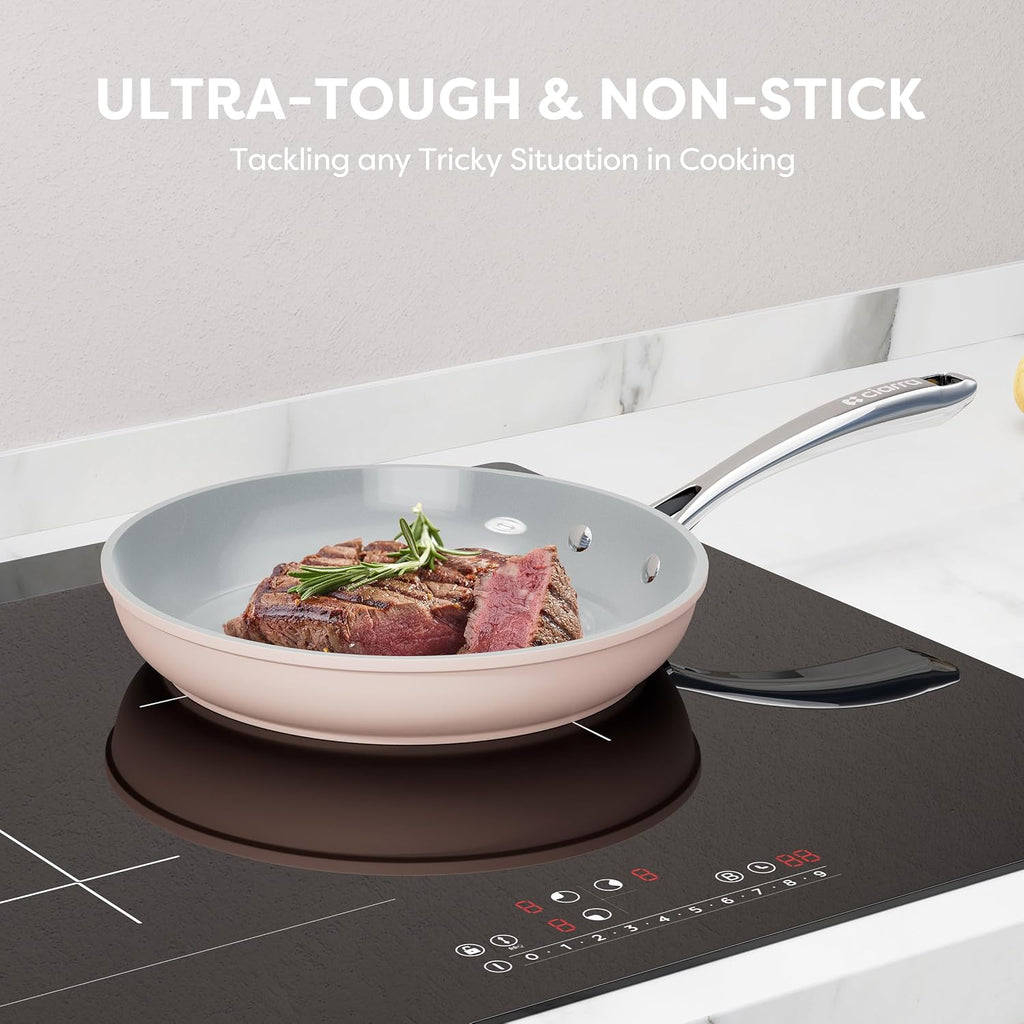 CIARRA Non Stick Cookware Set, Ceramic Pots and Pans Set with Lid, Non Toxic Cooking Set, PTFE & PFOA Free, Oven Safe & Compatible with All Stovetops, Pink