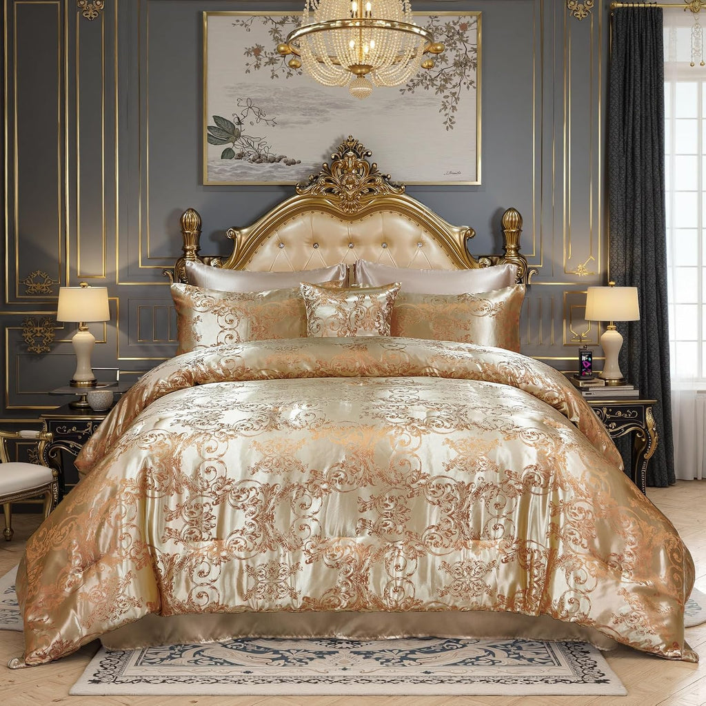 King Size 8-Piece Jacquard Comforter Set with Satin Sheets Set – Elegant Coordinated Bedding Collection for Bedroom Gold Bed-in-a-Bag