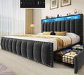 YITAHOME Queen Size Bed Frame with 4 Storage Drawers and RGB LED Lights, Velvet Upholstered Platform Bed with Charging Station and Bookcase Storage Headboard, No Box Spring Needed, Dark Grey