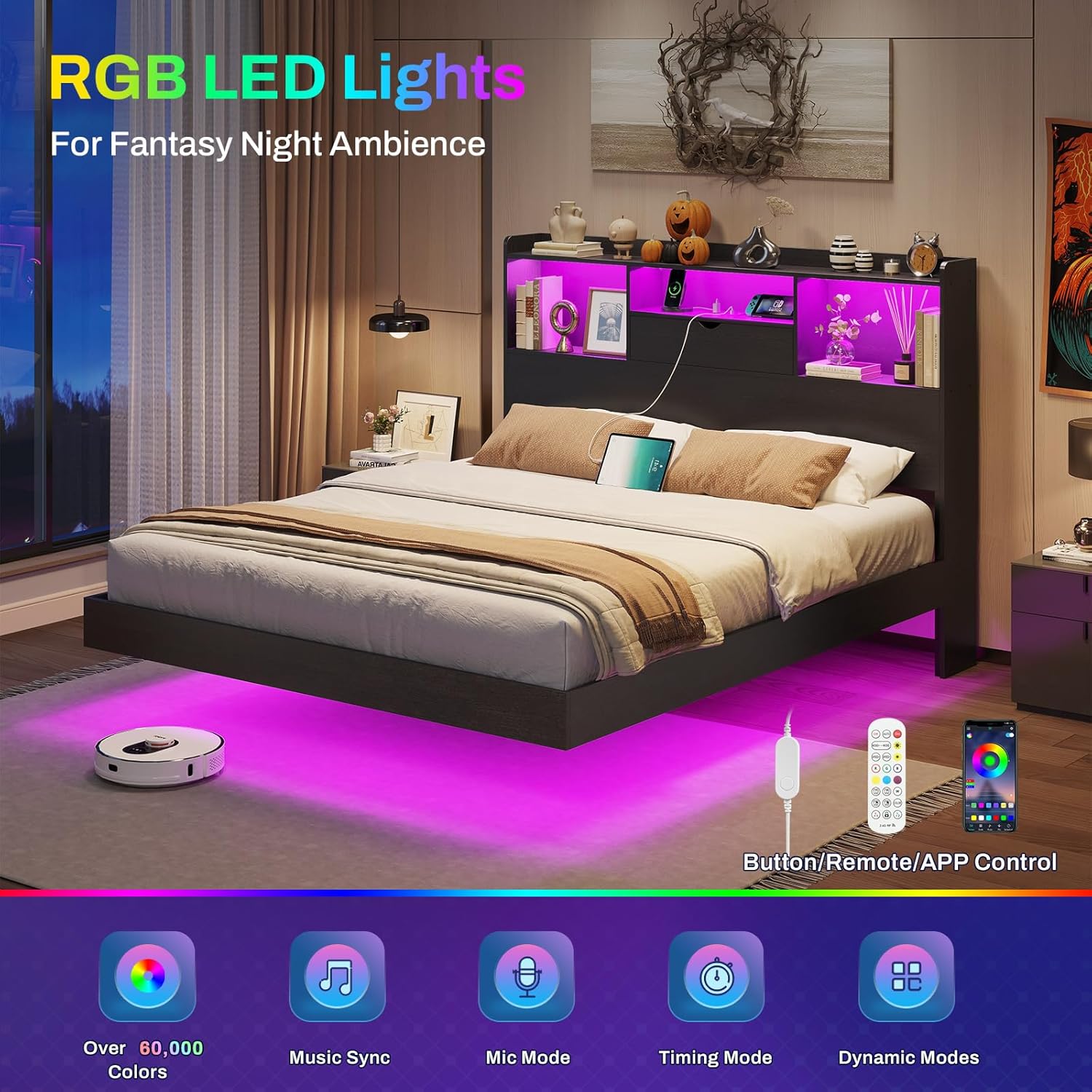 DICTAC Full Floating Bed Frame with LED Lights and Storage Headboard, Visual Floating Bed with Charing Station, Full Size Metal Platform Bed with Stable Structure, No Box Spring Need, Easy Assembly