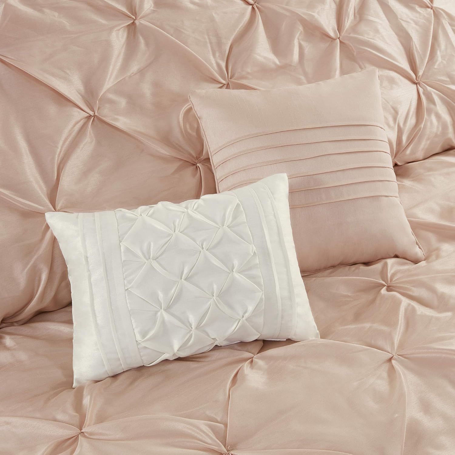 Madison Park Essentials Room in a Bag Faux Silk Comforter Set - Luxe Diamond Tufting All Season Bedding, Matching Curtains, Decorative Pillows, Blush King(104'x92') 24 Piece