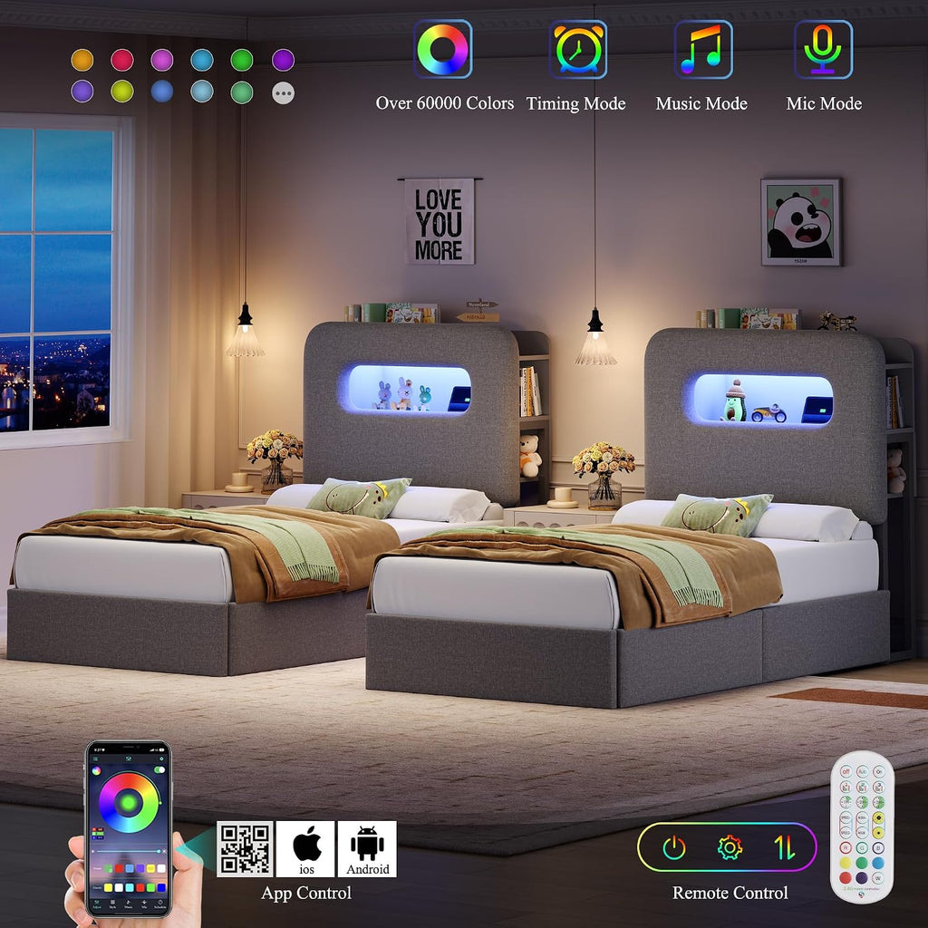 HOSTACK Twin LED Bed Frame with Storage Headboard and Charging Station, Boys Bed Frame with 2 Drawers and USB Ports, Velvet Upholstered Platform Bed Frame with Bookcase, No Box Spring Needed, Grey